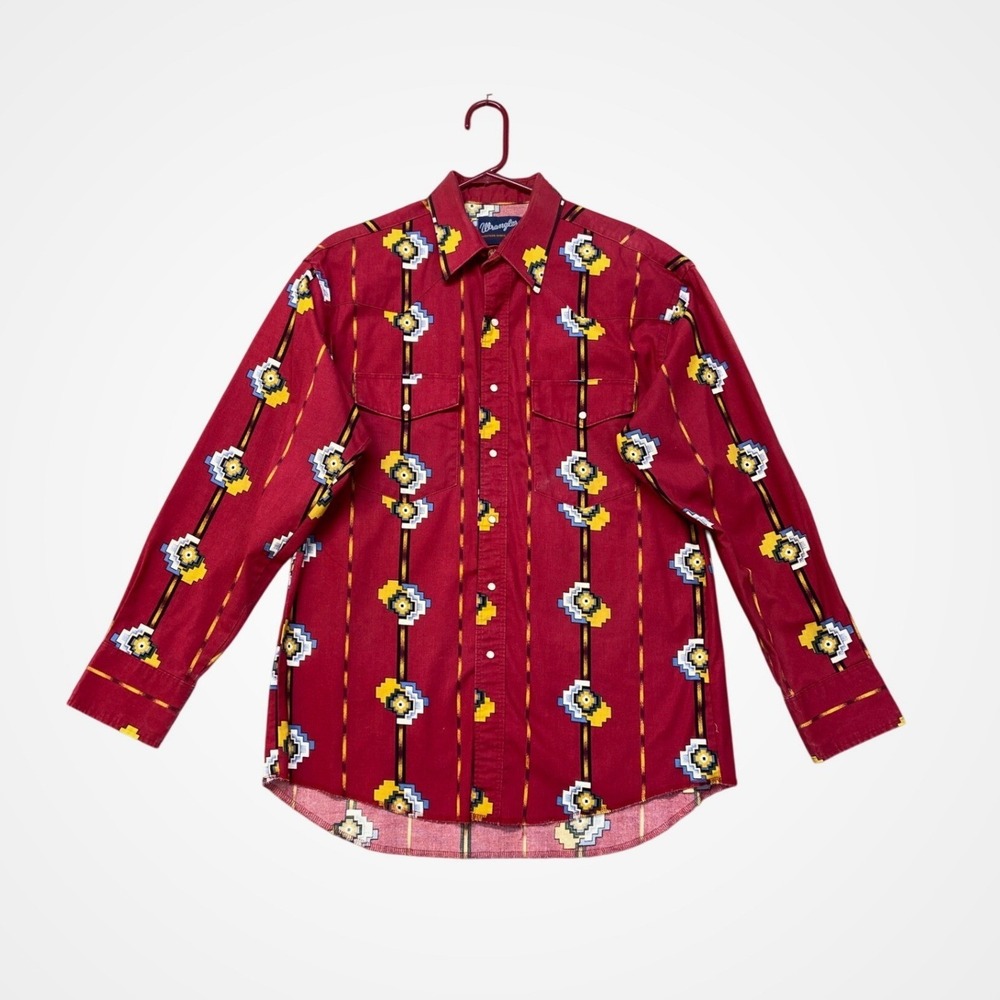 Wrangler Western Shirt Mens L Red Southwestern Pearl Snap Geometric Long‎ Sleeve